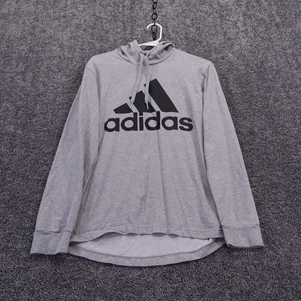 Adidas Hooded Shirt Mens Small Gray Graphic Logo Long Sleeve Pullover Activewear